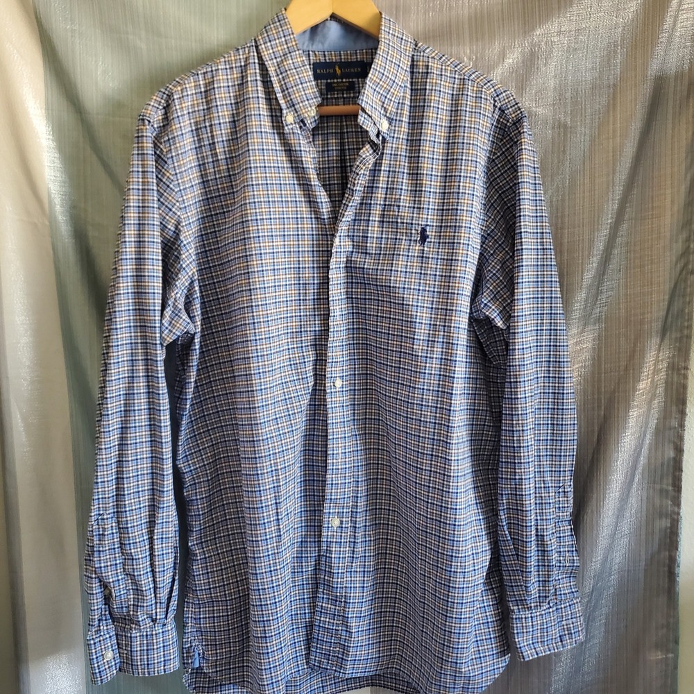 Ralph Lauren Mens Blue Brown Plaid Cotton Stretch Button Down Shirt L Office